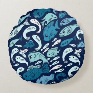 Blue Fish Globe Round Pillow