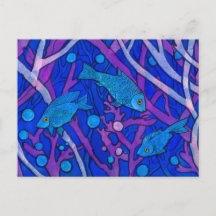Blue Fish in Seaweed, Underwater Art Paper Collage