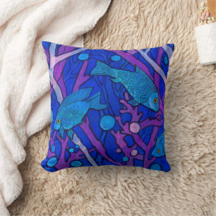 Blue Fish in Seaweed, Underwater Art Paper Collage Throw Pillow