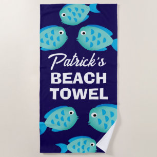 Blue fish kid's beach towel with custom name