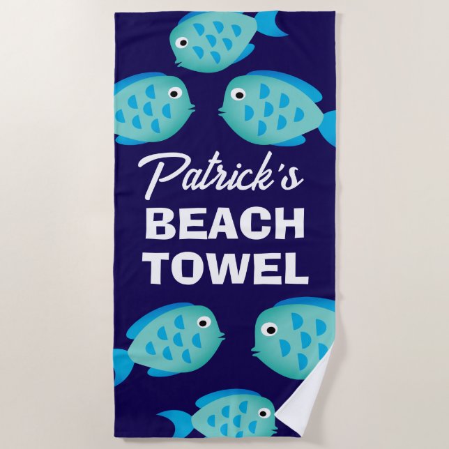 Blue fish kid's beach towel with custom name (Front)
