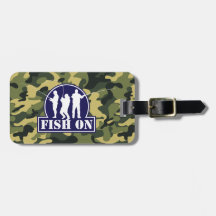 Blue "Fish On" fishing logo on green camouflage,