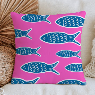 Blue Fish on Hot Pink Dopamine Aesthetic Ocean Throw Pillow