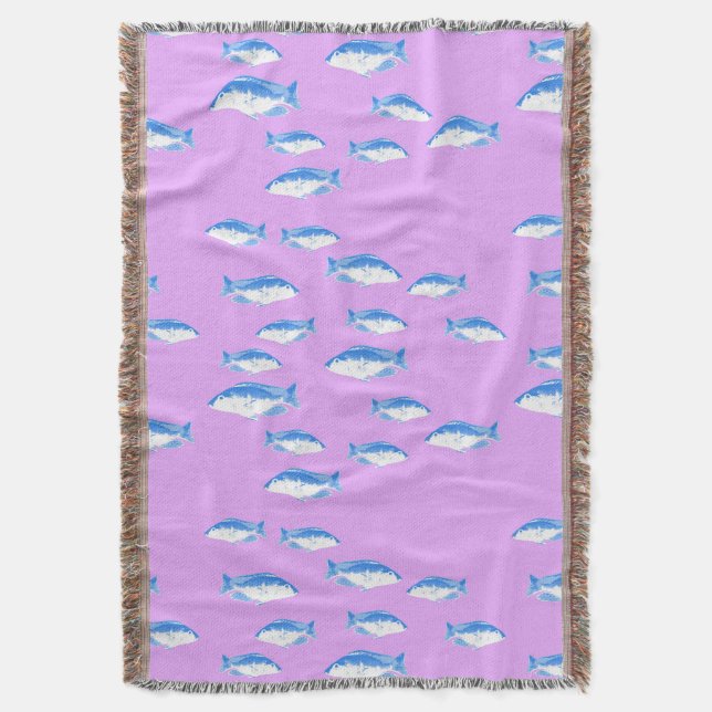 Blue fish on lilac throw blanket (Front Vertical)