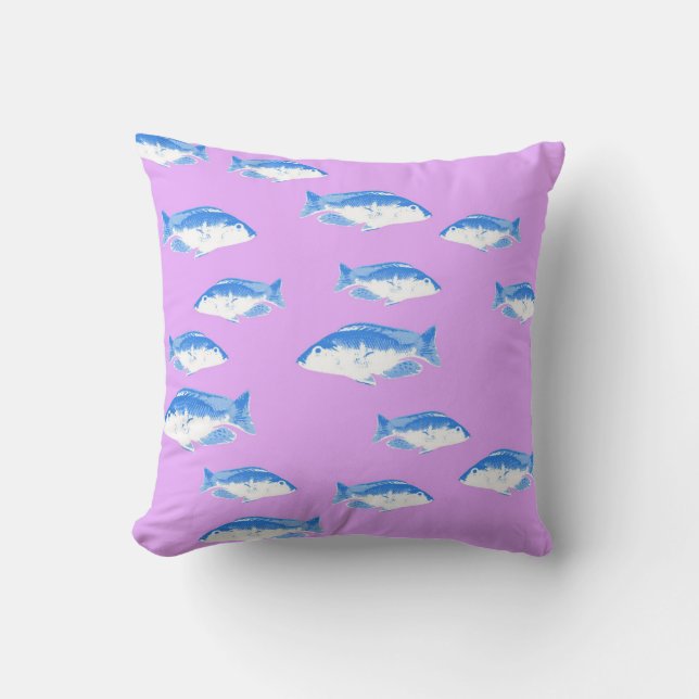 Blue fish on lilac throw pillow (Front)