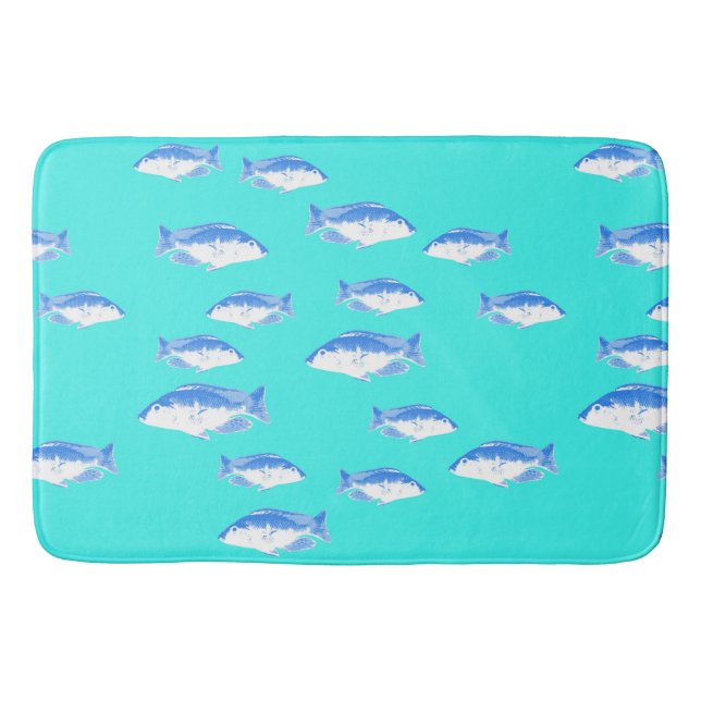 Blue fish on turquoise bath mat (Front)