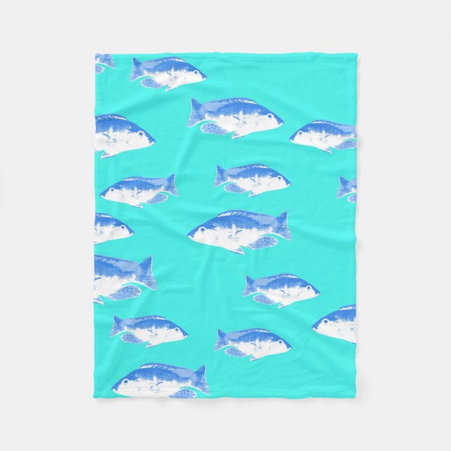 Blue fish on turquoise fleece blanket (Front)