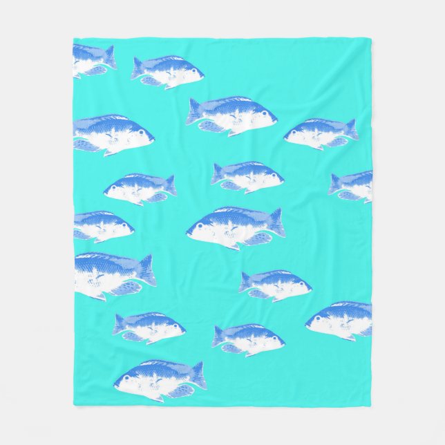 Blue fish on turquoise fleece blanket (Front)