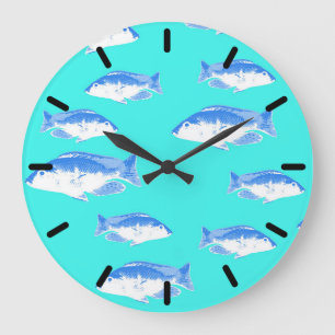 Blue fish on turquoise large clock