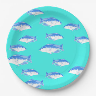 Blue fish on turquoise paper plate