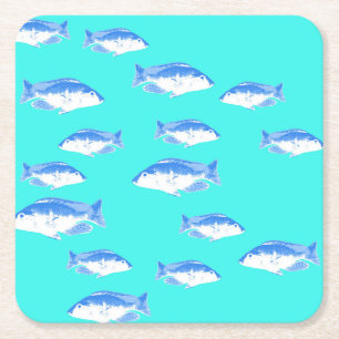 Blue fish on turquoise square paper coaster