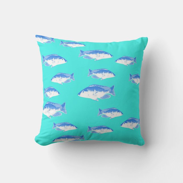 Blue fish on turquoise throw pillow (Front)