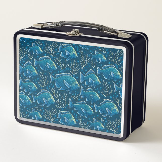 Blue Fish Pattern Metal Lunch Box (Front)