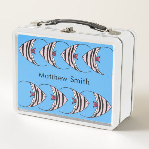 Blue fish pattern monogram metal lunch box