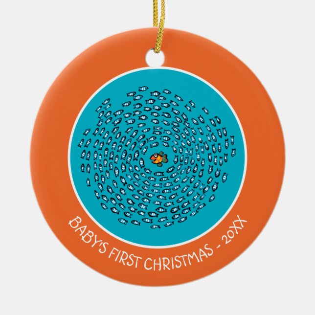 Blue Fish School Pattern with Small Orange Fish Ceramic Ornament (Front)