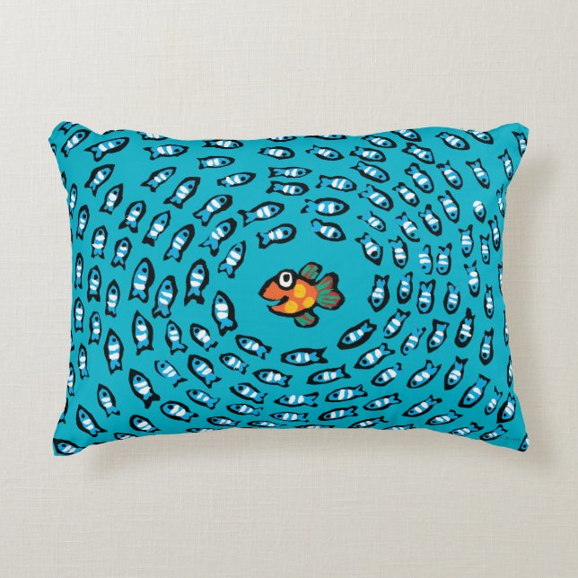 Blue Fish School Pattern with Small Orange Fish Decorative Pillow (Front)