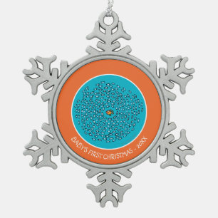 Blue Fish School Pattern with Small Orange Fish Snowflake Pewter Christmas Ornament