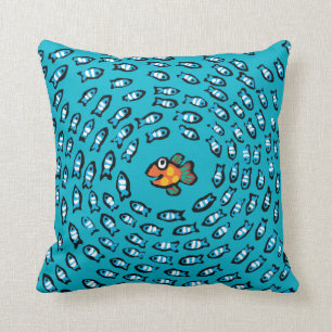 Blue Fish School Pattern with Small Orange Fish Throw Pillow