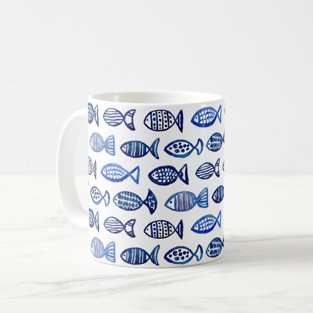 Blue fish watercolor. Navy nautical. Modern Coffee Mug (Front Left)