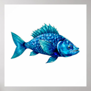 Blue Fish with Spiky Fins and Scales Poster