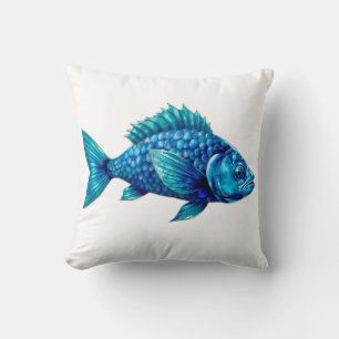 Blue Fish with Spiky Fins and Scales Throw Pillow