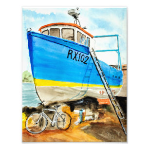Blue Fishing Boat harbour Line and Wash Photo Print