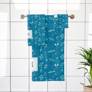 Blue Fishing Seamless Pattern Monogrammed Bath Tow Towel Set