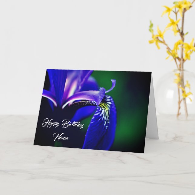 Blue Flag Iris Flower Personalized Birthday Card (Yellow Flower)