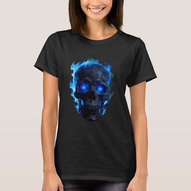 Blue Flame Skull Dark Gothic Graphic T-Shirt (Front)