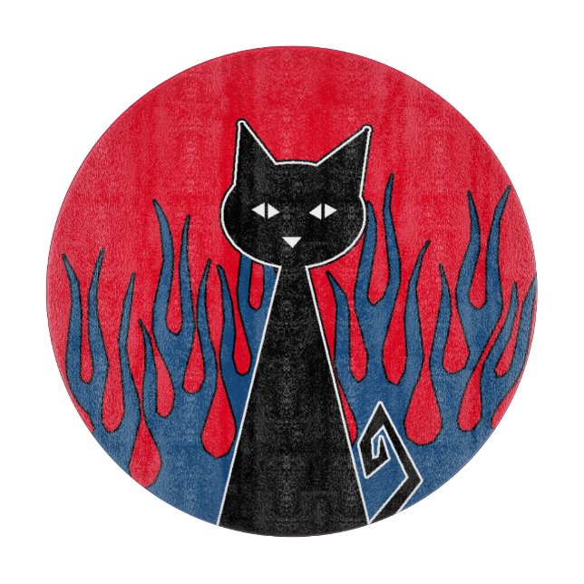 Blue Flames Black Cat Cutting Board (Front)