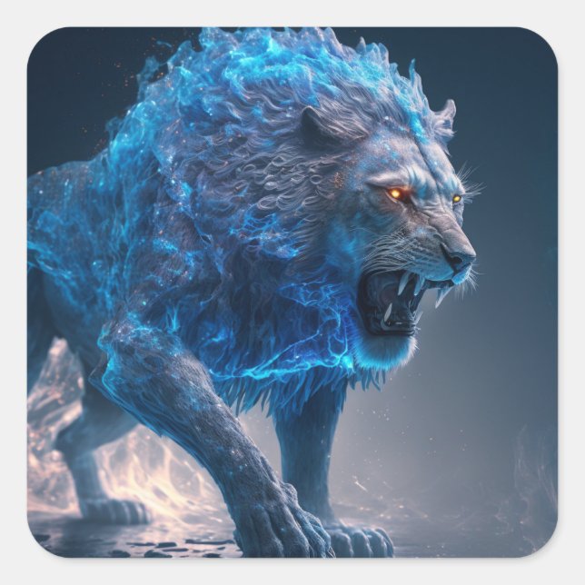 Blue Flames Fire Lion Square Sticker (Front)