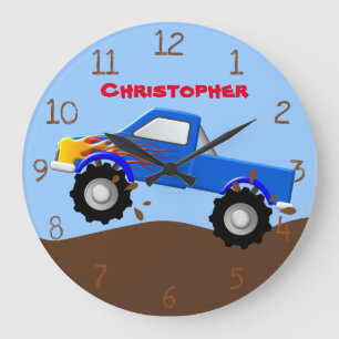 Blue Flames Monster Truck Large Clock