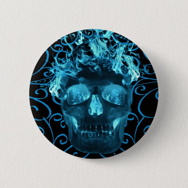 Blue Flaming Skull Button (Front)