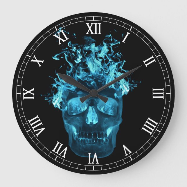 Blue Flaming Skull Round Roman Numerals Clock (Front)