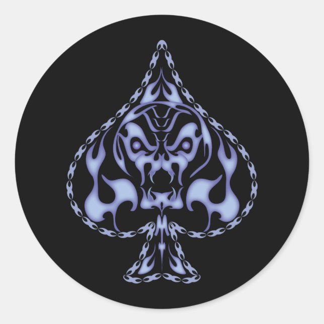 Blue Flaming Spade Skull Classic Round Sticker (Front)