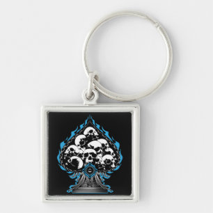 Blue Flaming Spade with Skulls Keychain