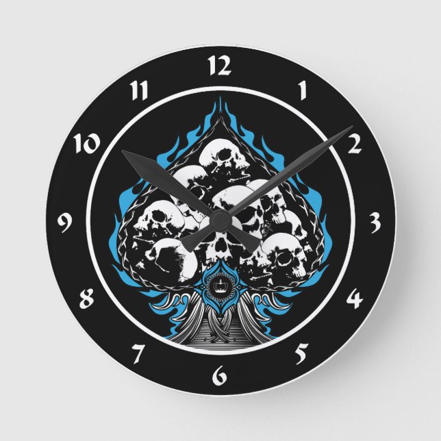 Blue Flaming Spade with Skulls Round Clock (Front)