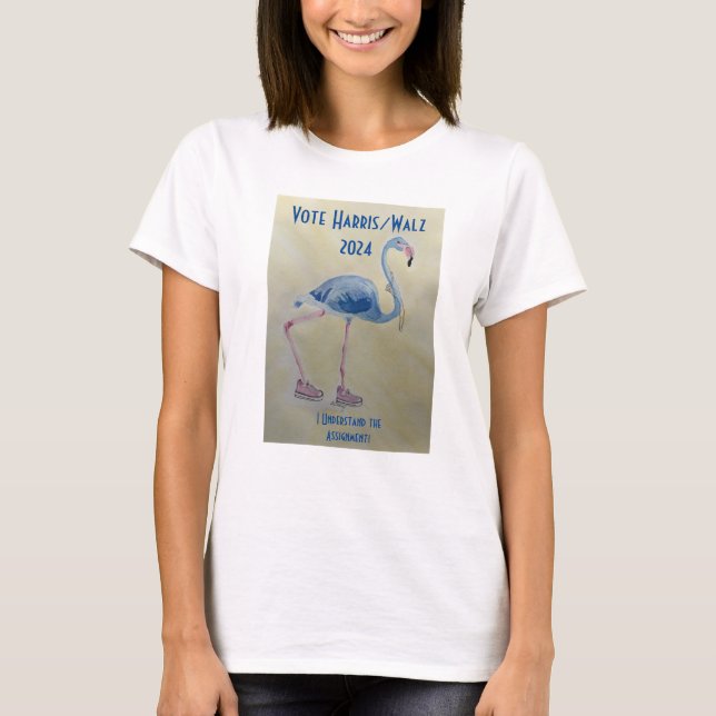 Blue Flamingo with Pearls t-shirt Vote Harris/Walz (Front)