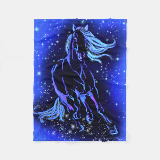 Blue Fleece Blanket Horse Running At Starry Night  (Front)