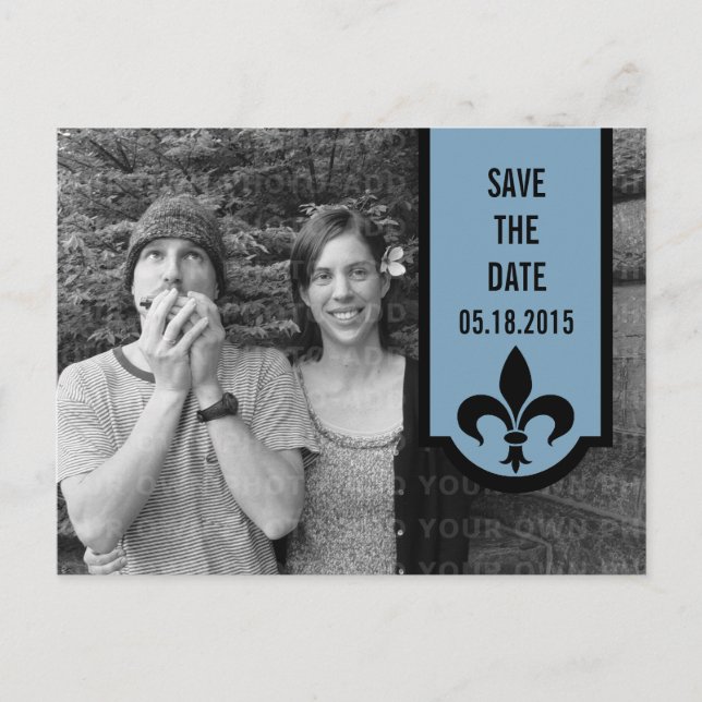 Blue Fleur De Lis Banner Save the Date Postcard (Front)