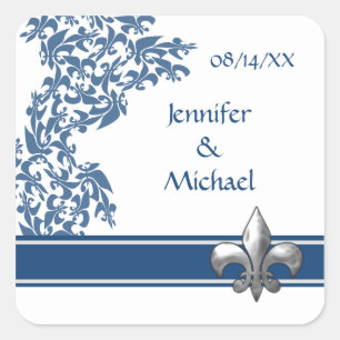 Blue Fleur de Lis Damask Pattern Wedding Stickers
