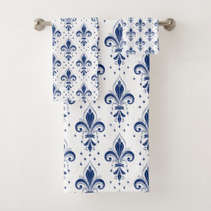 Blue fleur-de-lis seamless pattern on white bath towel set