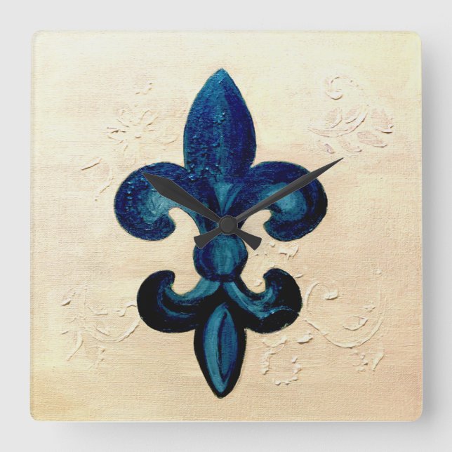 Blue Fleur de Lis Square Wall Clock (Front)