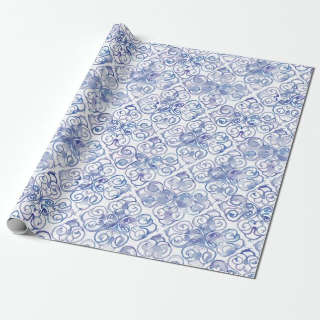Blue Fleur de Lis Watercolor Pattern Wrapping Paper (Unrolled)