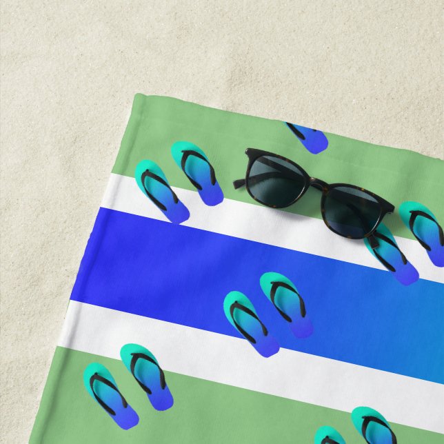 Blue Flip flops + Aqua Stripes Ocean  Beach Towel (In Situ)