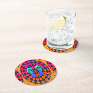 Blue Flip Flops Ellipse Orange Round Paper Coaster