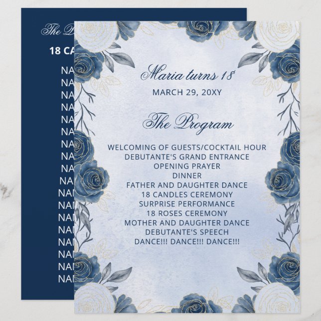 Blue Floral 18 Candles et Cérémonie Rose Programme (Devant / Derrière)