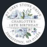 Blue Floral 18th Birthday Return Address Label<br><div class="desc">Add a special touch to your birthday invitation envelopes with this elegant round design. It features a bouquet of dusty blue roses and peonies in the centre. Blue eucalyptus leaves give it a rustic botanical vibe. The name and birthday is written across the centre on a white strip, and the...</div>