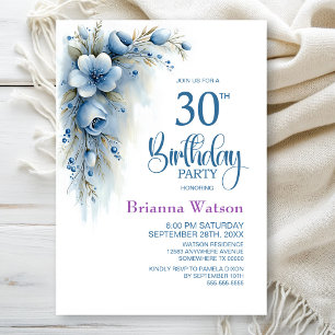 Blue Floral 30th Birthday Party Invitation