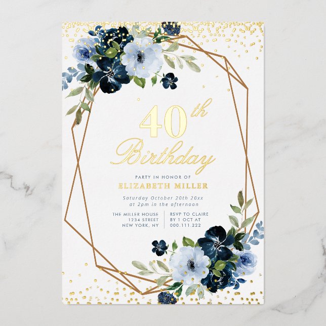 blue floral 40th birthday party gold (Front)